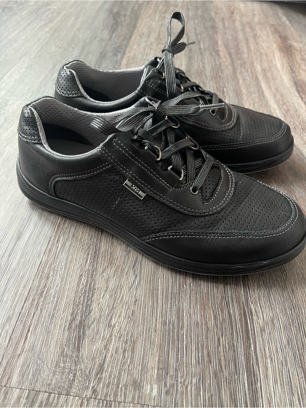 SAS | Sporty Lux Black Leather Tennis Shoe Sneaker Perforated Mesh Comfort